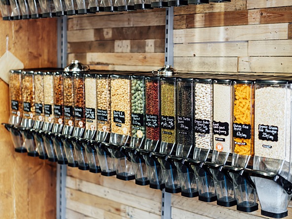 Dispensers for cereals, nuts and grains in sustainable plastic-free grocery store